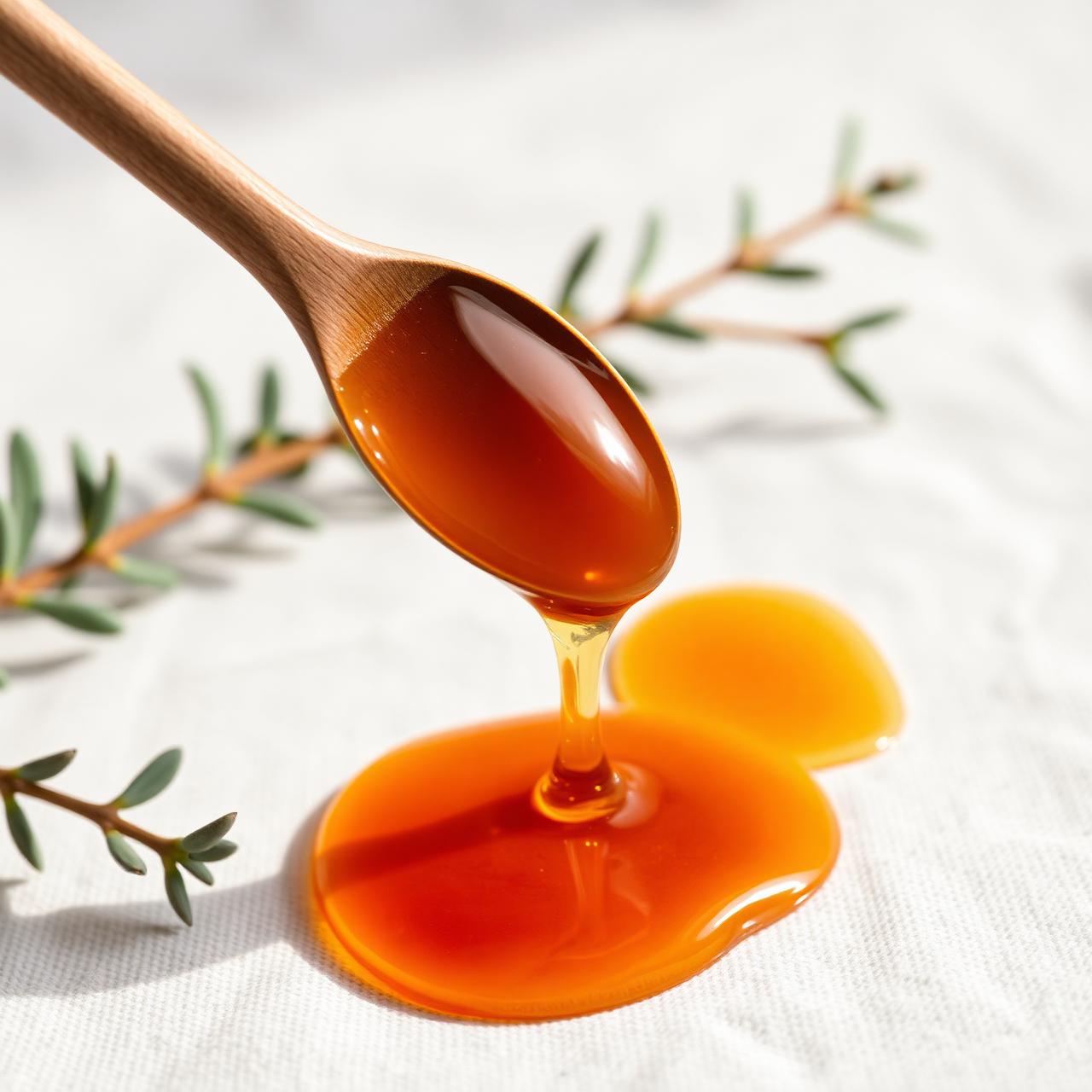 Warm amber honey on a wooden spoon with eucalyptus sprigs