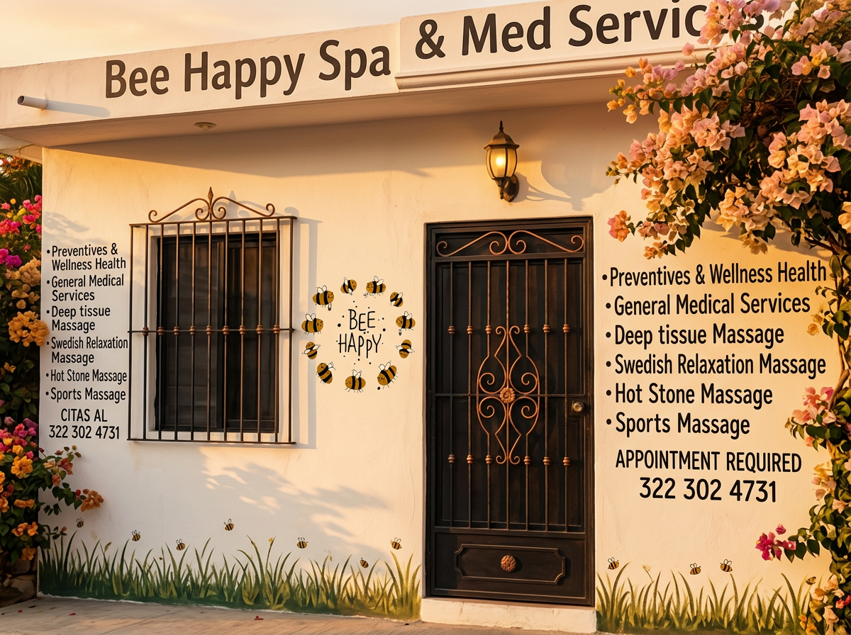 Bee Happy Spa & Med Services exterior in Bucerías, Nayarit at golden hour